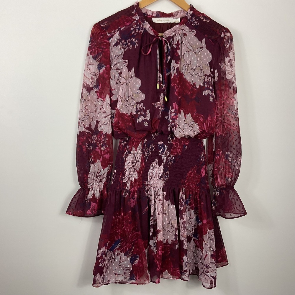Bishop + Young Burgundy Floral Smocked Waist Long Sleeve Mini Dress Size S